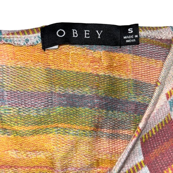 obey earthy patchwork Peace Sign summer colors knit crop tube tank top S - Picture 2 of 4
